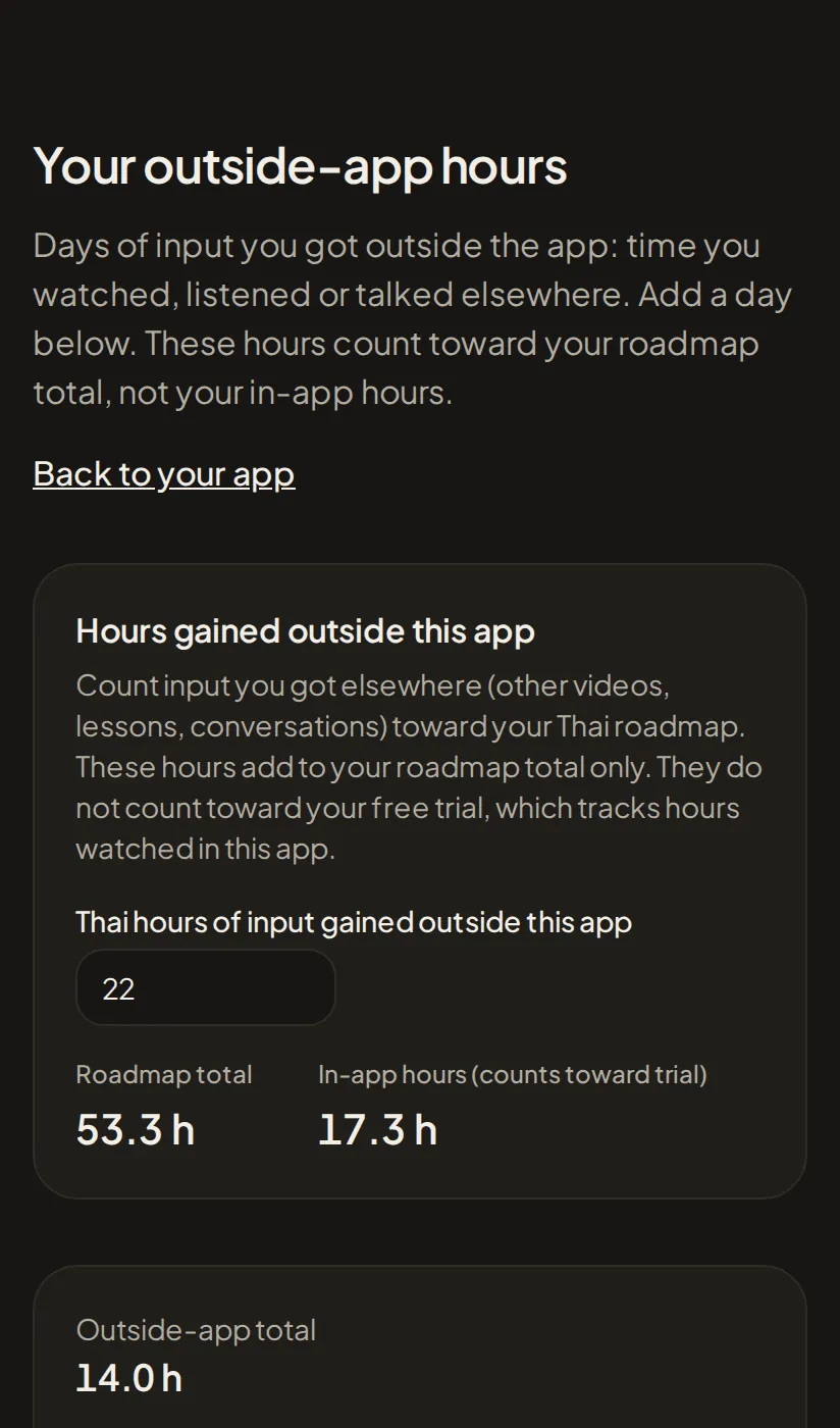 Logging input from outside the app: a field holding 22 hours of Thai input gained elsewhere, the roadmap total of 53.3 hours it feeds beside the 17.3 hours watched in the app, and below them a second card totalling the 14.0 hours logged day by day.