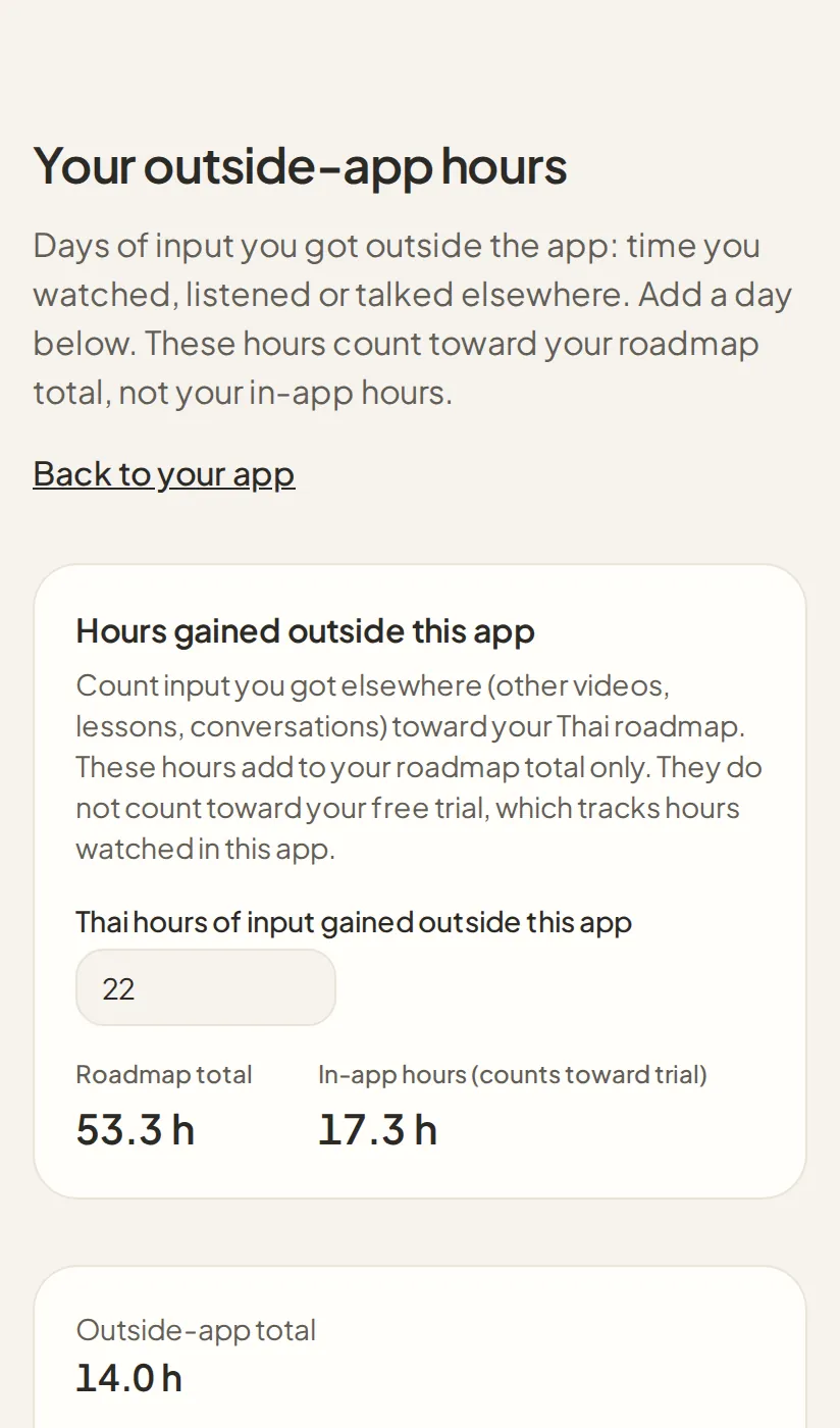 Logging input from outside the app: a field holding 22 hours of Thai input gained elsewhere, the roadmap total of 53.3 hours it feeds beside the 17.3 hours watched in the app, and below them a second card totalling the 14.0 hours logged day by day.